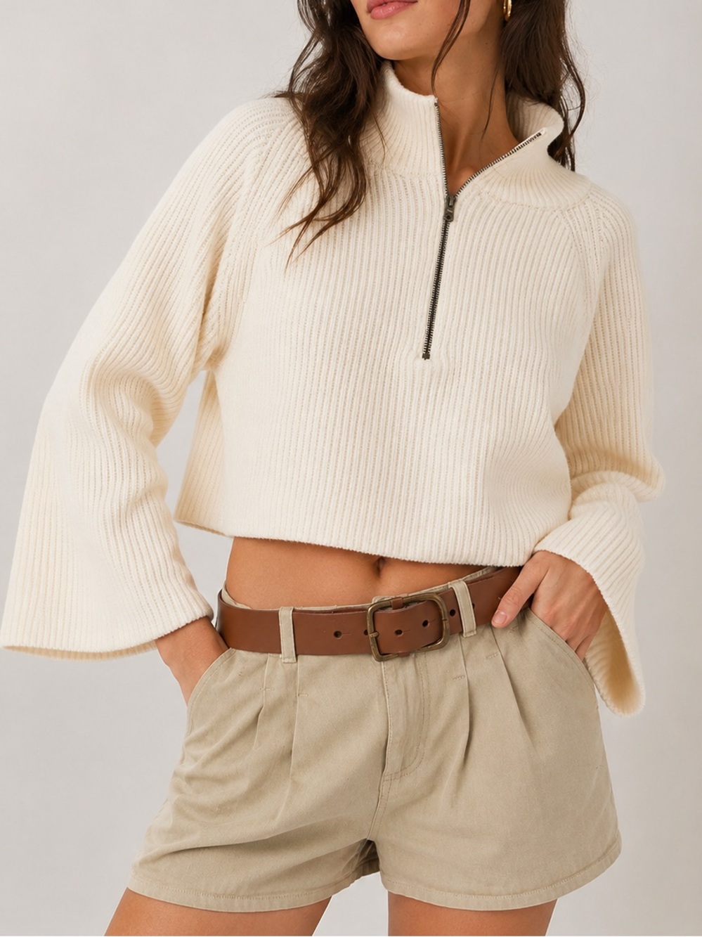 Free People Greta Ivory Ribbed Half Zip Boxy Cropped Sweater